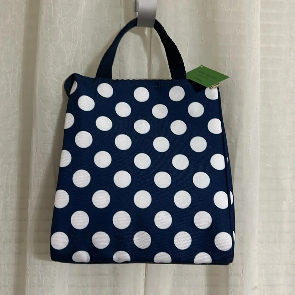 kate spade Navy White Jumbo Polka Dot Gold Tone Zip Lunch Bag NWT